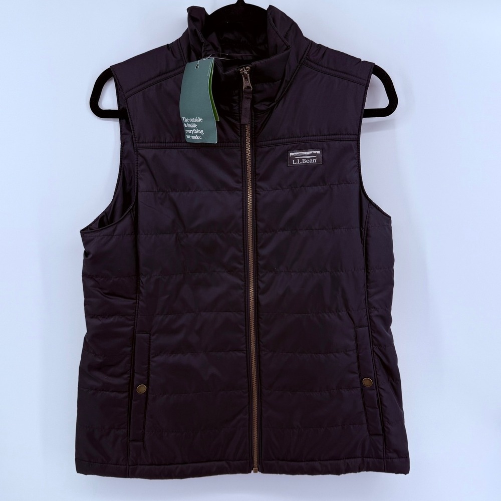 LL Bean Womens Quilted Puffer Vest Black Full Zip Mountain Logo Size M